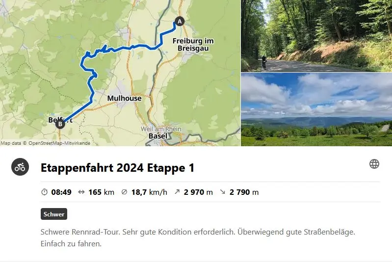 Etappenfahrt zum Mont Ventoux: 1. Etappe von Riegel nach Belfort