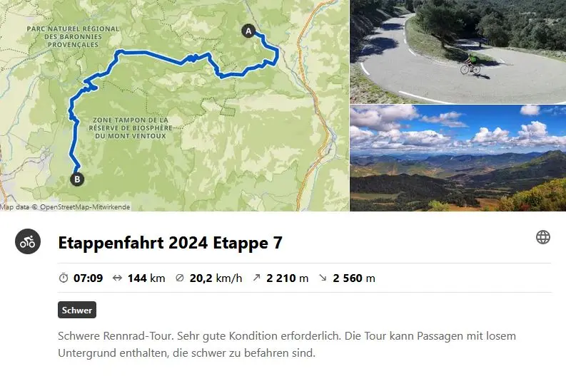 Etappenfahrt zum Mont Ventoux: 7. Etappe von Gîte du Mont-Garde nach Venasque